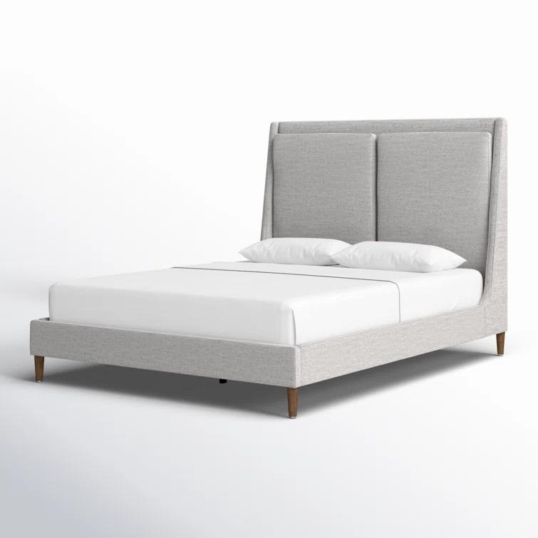 Gray Upholstered Queen Bed with Tapered Headboard and Wood Legs