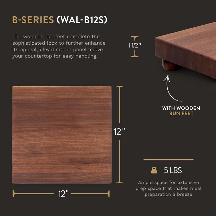 John Boos Gift 1.5" Edge Grain Walnut 12" Square Cutting Board with Wood Feet