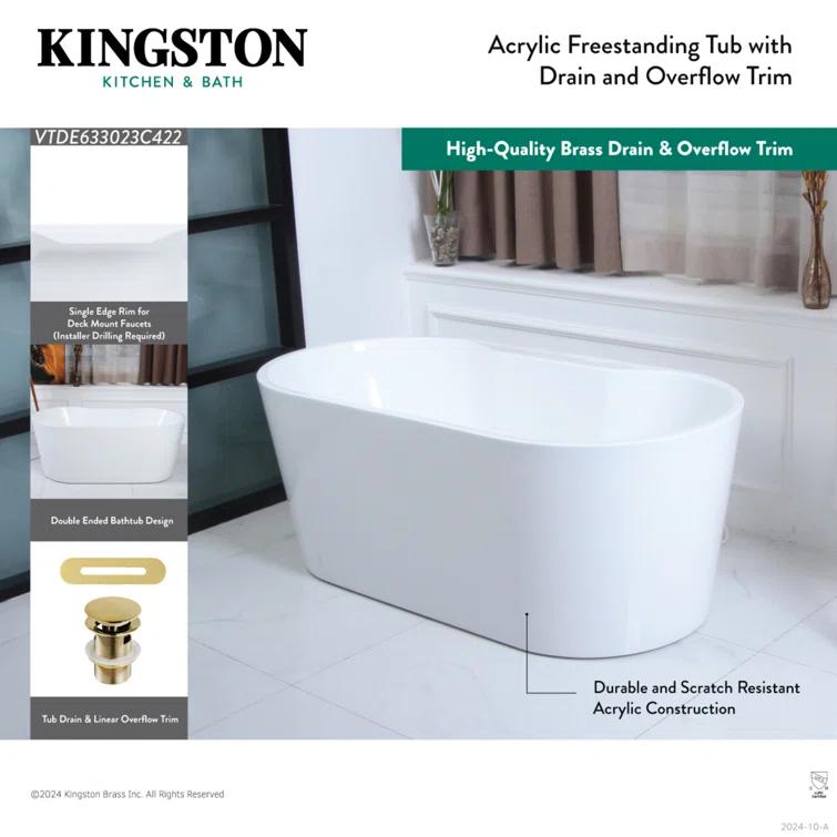 Kingston Brass Aqua Eden 67-Inch Acrylic Oval Double Ended Freestanding Tub With Drain