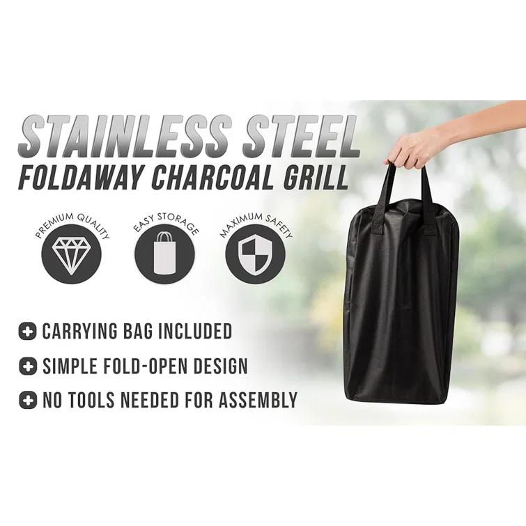 Fire Sense Foldaway Charcoal Grill, Stainless Steel ,Charcoal Grate & Carry Bag Included