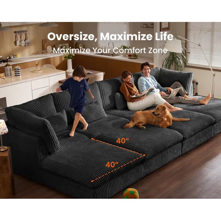 Cloud Oversized Modular Sofa, 160" Corduroy Wide Seat Sectional with Reversible Chaise, Shaped Couches Modern Comfy Fluffy Cushion Sleeper Sofa Bed with Convertible Ottoman for Living Room 6 Seater