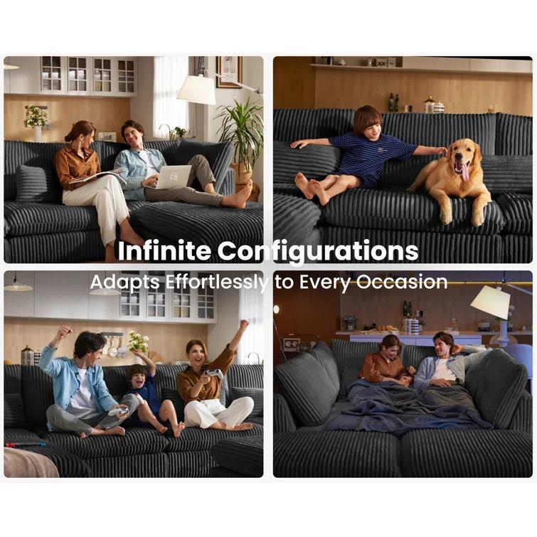 Cloud Oversized Modular Sofa, 160" Corduroy Wide Seat Sectional with Reversible Chaise, Shaped Couches Modern Comfy Fluffy Cushion Sleeper Sofa Bed with Convertible Ottoman for Living Room 6 Seater