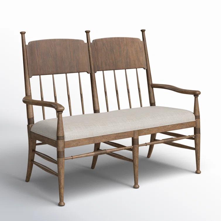 Honey Oak Upholstered Dining Bench with Armrests