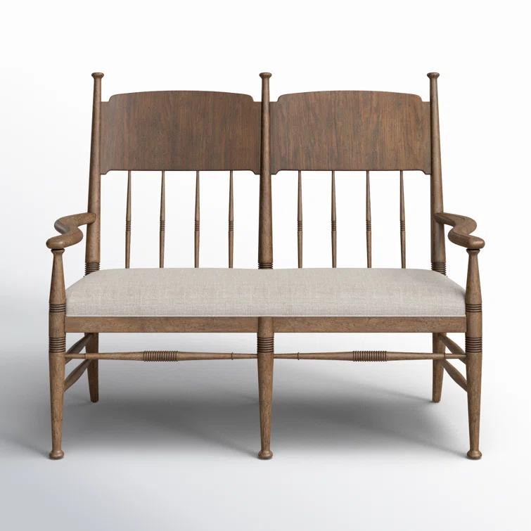 Honey Oak Upholstered Dining Bench with Armrests