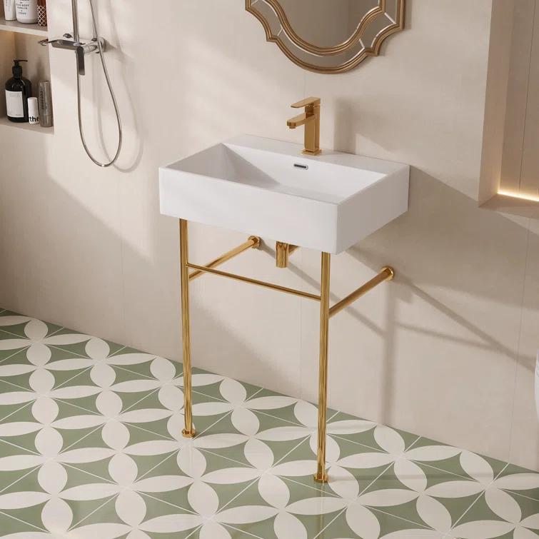 Ceramic White Rectangular Single Faucet Hole 24 in Console Bathroom Sink with Overflow