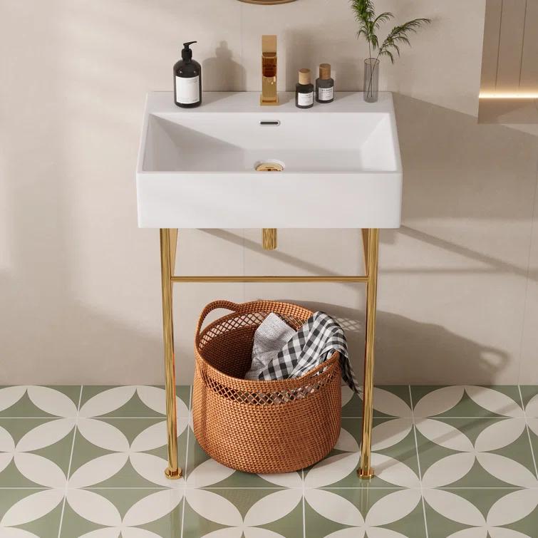 Ceramic White Rectangular Single Faucet Hole 24 in Console Bathroom Sink with Overflow