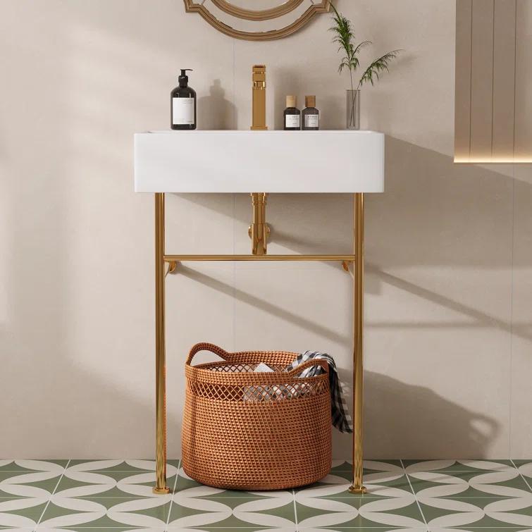 Ceramic White Rectangular Single Faucet Hole 24 in Console Bathroom Sink with Overflow
