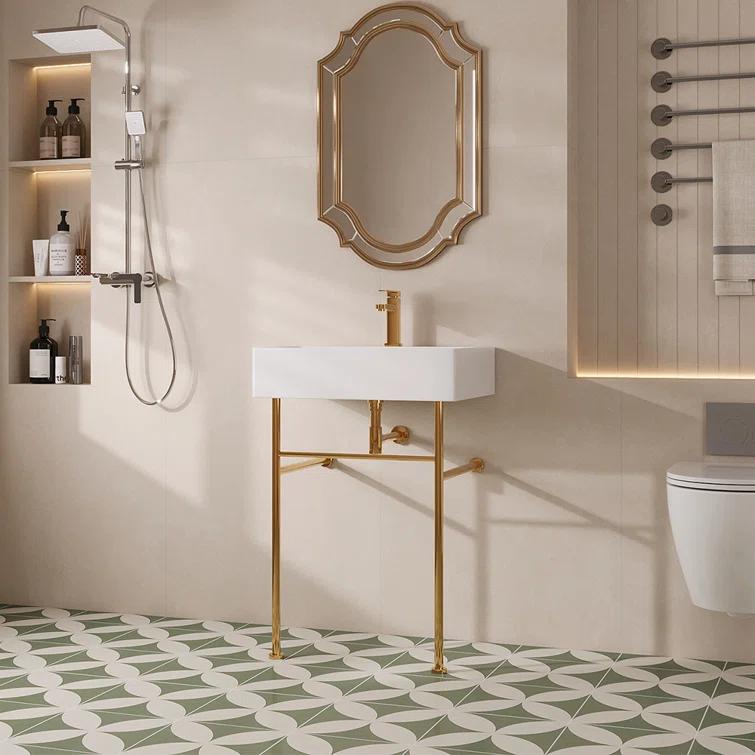 Ceramic White Rectangular Single Faucet Hole 24 in Console Bathroom Sink with Overflow