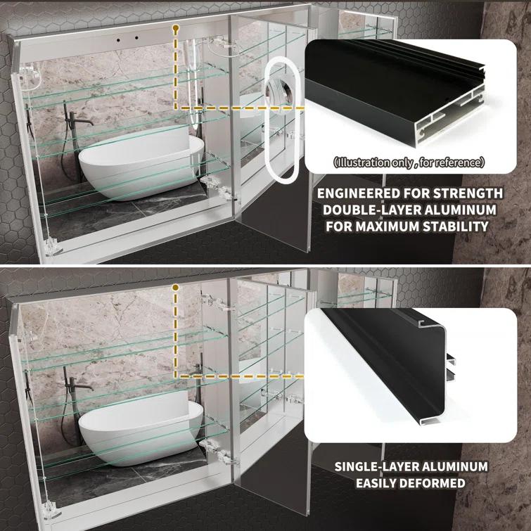 MEDUNJESS 72''x36'' Surface or Recessed Mount LED Medicine Cabinet with Mirror and Defogger 3 doors Medicine Cabinet