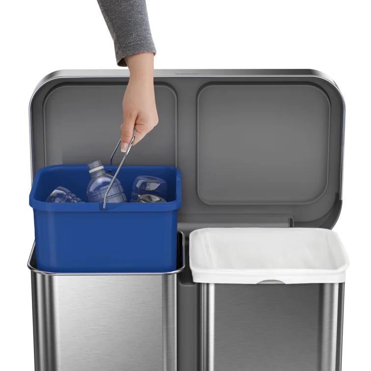 Simplehuman 58L / 15.3 Gallon Hands-Free Dual Compartment Recycling Kitchen Step Trash Can with Lid