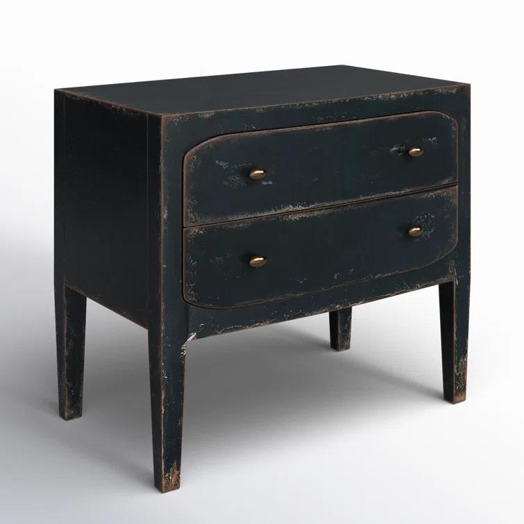 Distressed Black 34" Wood Two-Drawer Nightstand with USB Port