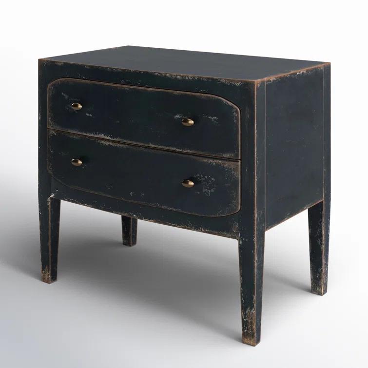 Distressed Black 34" Wood Two-Drawer Nightstand with USB Port