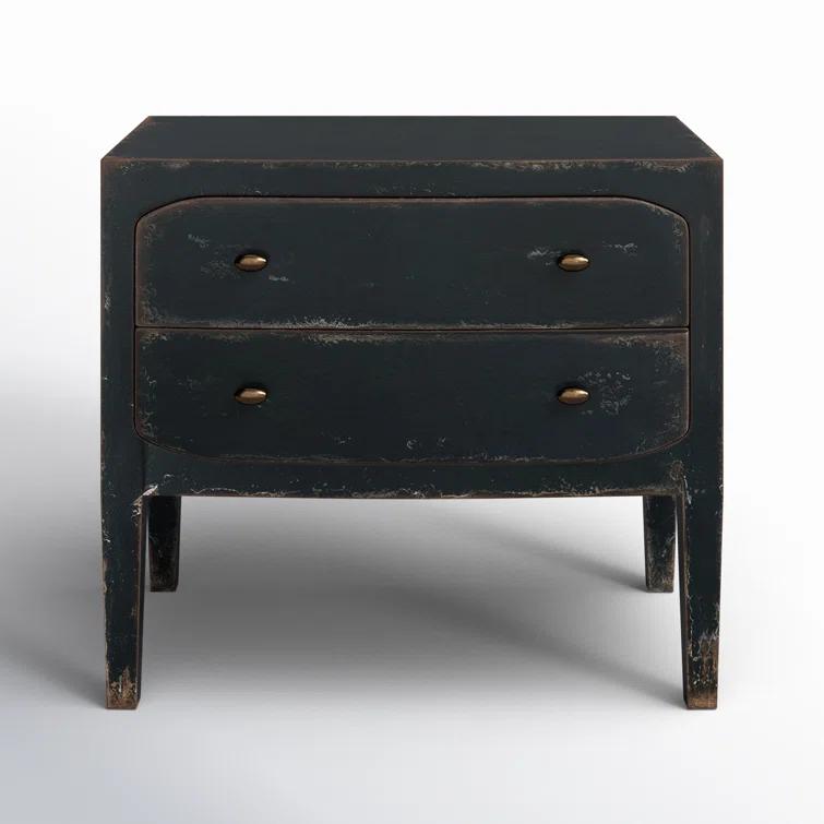 Distressed Black 34" Wood Two-Drawer Nightstand with USB Port