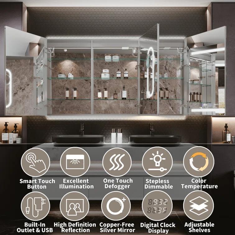 MEDUNJESS 72''x36'' Surface or Recessed Mount LED Medicine Cabinet with Mirror and Defogger 3 doors Medicine Cabinet