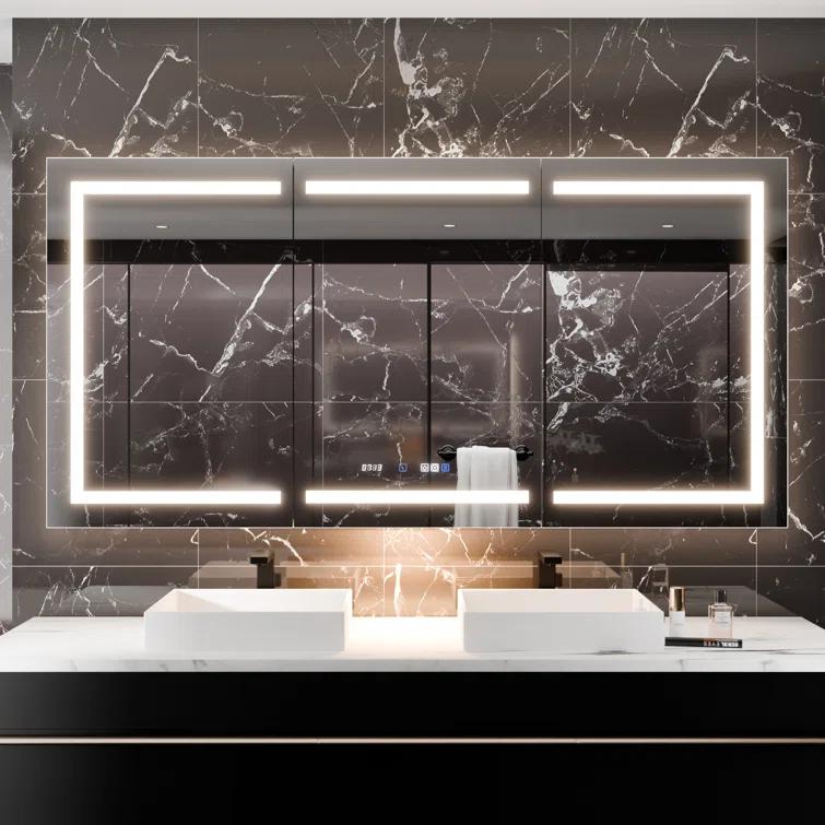 MEDUNJESS 72''x36'' Surface or Recessed Mount LED Medicine Cabinet with Mirror and Defogger 3 doors Medicine Cabinet