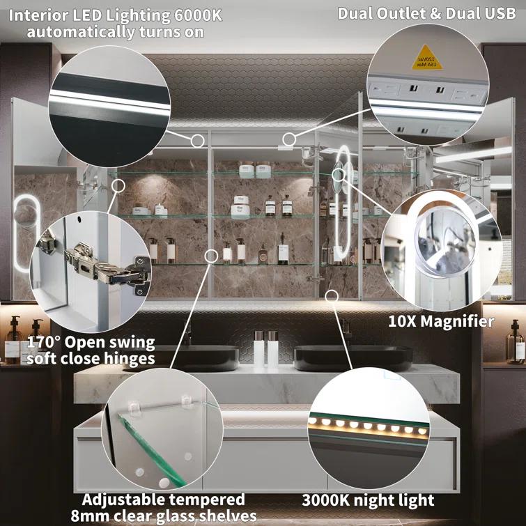 MEDUNJESS 72''x36'' Surface or Recessed Mount LED Medicine Cabinet with Mirror and Defogger 3 doors Medicine Cabinet