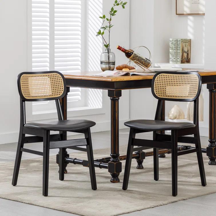 Upholstered Faux Leather Seat Rattan Back Dining Chair, Solid Wood Frame Side Chair For Living Room