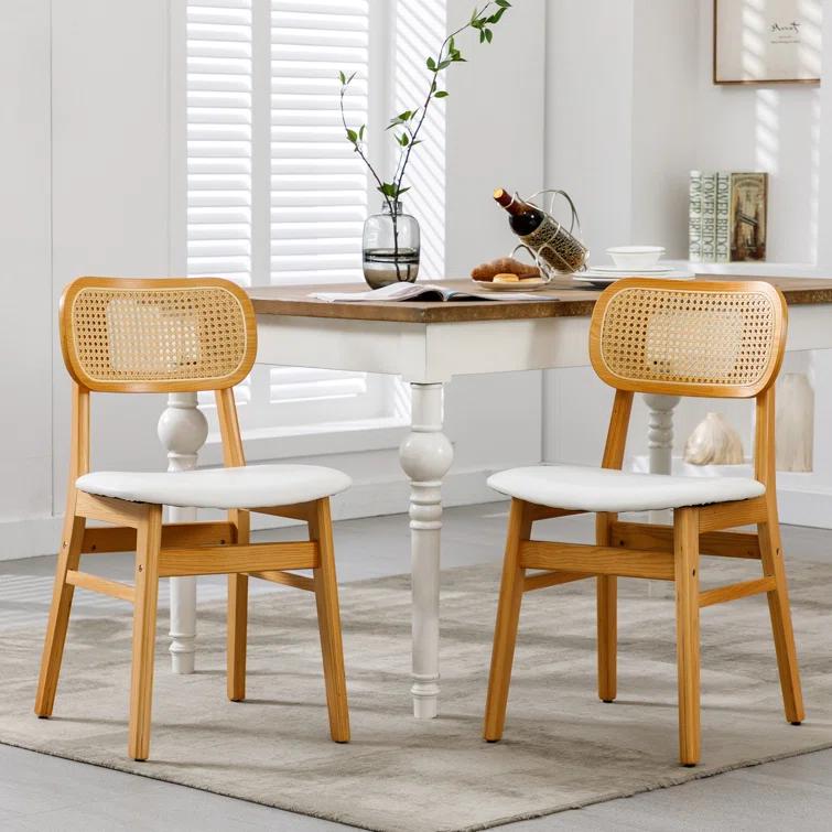 Upholstered Faux Leather Seat Rattan Back Dining Chair, Solid Wood Frame Side Chair For Living Room