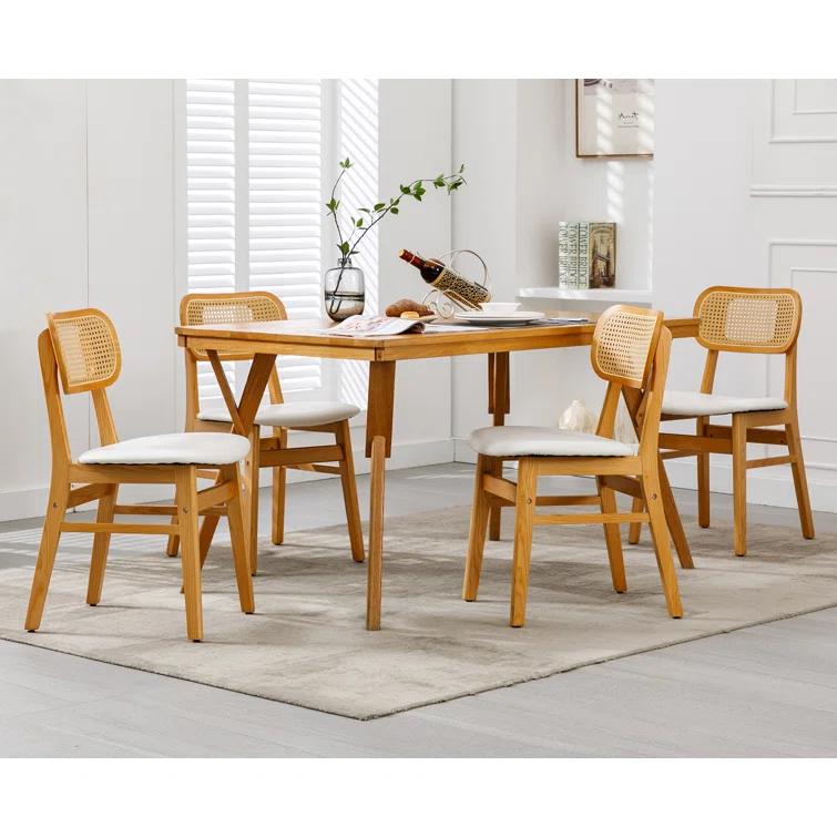 Upholstered Faux Leather Seat Rattan Back Dining Chair, Solid Wood Frame Side Chair For Living Room