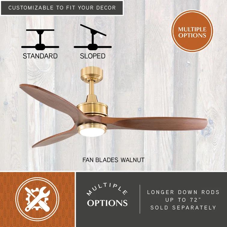 Wade Logan® Ballog 52 in. Matte Black and Brushed Silver Indoor Outdoor Rod Mount Industrial Ceiling Fan with Wooden Walnut Blades, Dimmable Integrated LED Light Kit and Remote Control Included, 3 Speeds