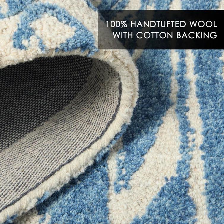 NICOLE MILLER NEW YORK Mod Damask Chambray Handcrafted Wool Area Rug Blue