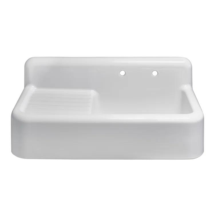 Whitehaus 42" Single Bowl Fireclay Utility Above Mount Sink: Integral Drainboard, High Backsplash