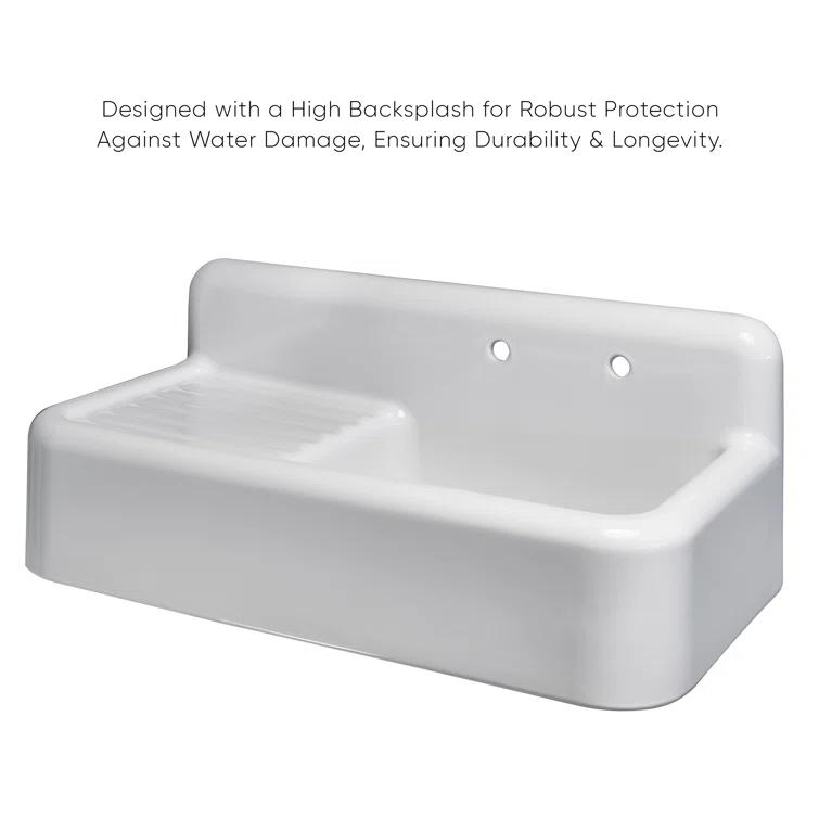 Whitehaus 42" Single Bowl Fireclay Utility Above Mount Sink: Integral Drainboard, High Backsplash