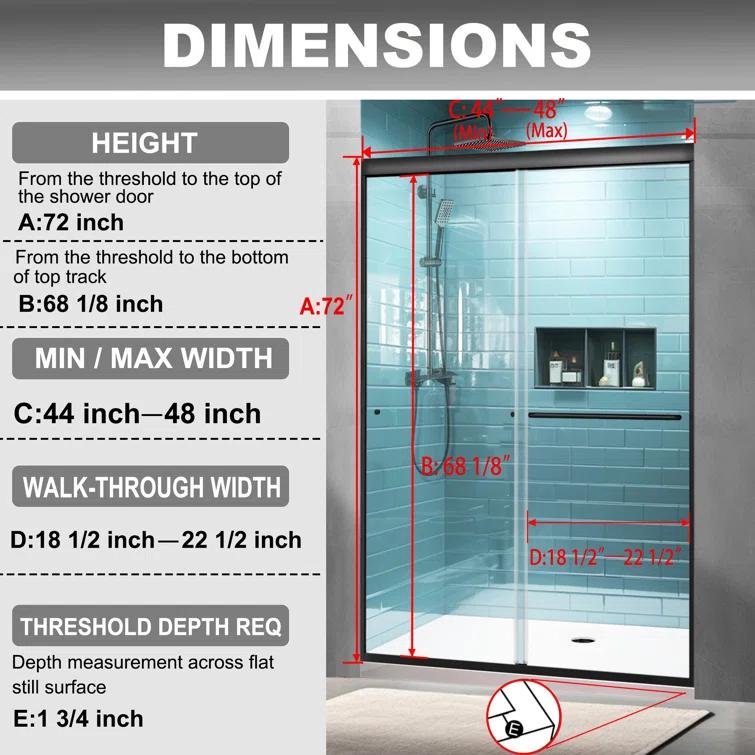 44-48 in.W x 72 in.H Semi-Frameless Sliding Shower Door Clear SGCC Tempered Glass.