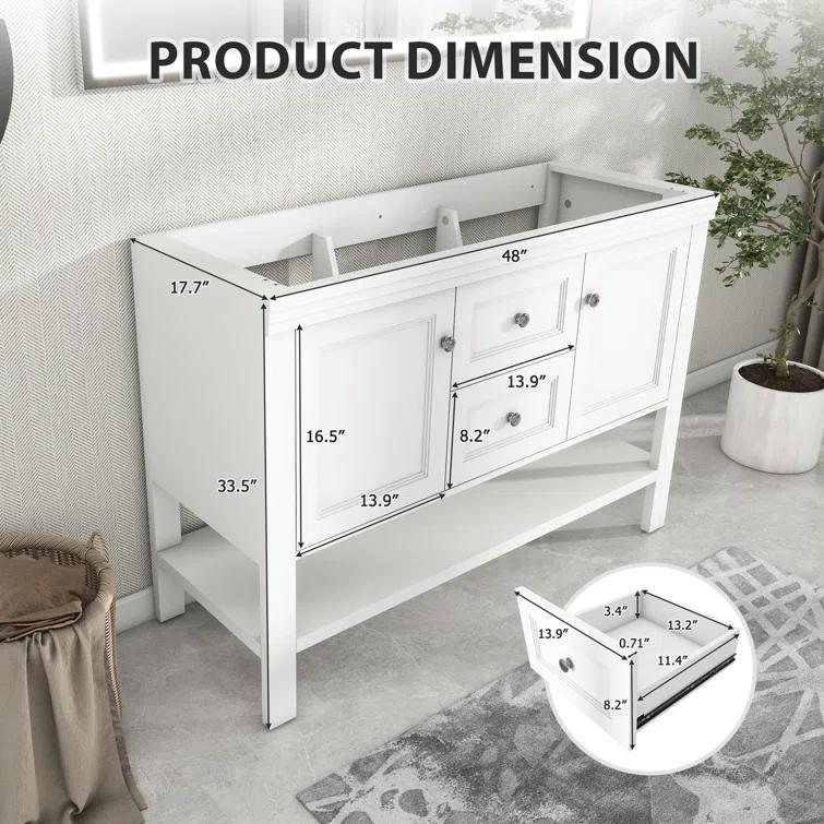 48" Double Sink Bathroom Vanity Base Only with Drawers and Shelves, Sink Not Included