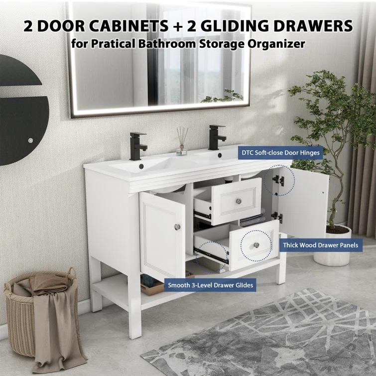 48" Double Sink Bathroom Vanity Base Only with Drawers and Shelves, Sink Not Included