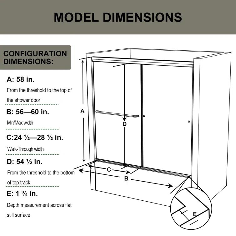 56 - 60 in. W x 58 in. H Semi-Frameless Sliding Bathtub Door in Finish with Clear SGCC Tempered Glass