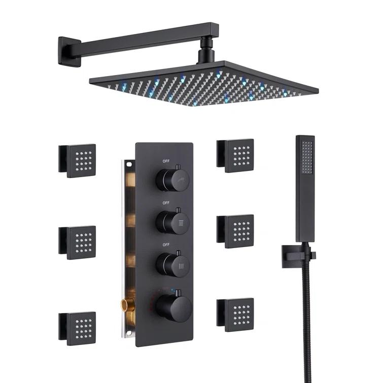 3-Function LED Light Thermostatic Rainfall Shower System with 6 Body Jets and Rough-in Valve