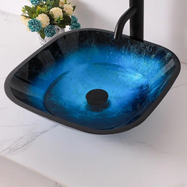16" L x 16" W Glass Bathroom Vessel Sink Square Tempered Glass Art Basin Above Counter Bathroom Sink