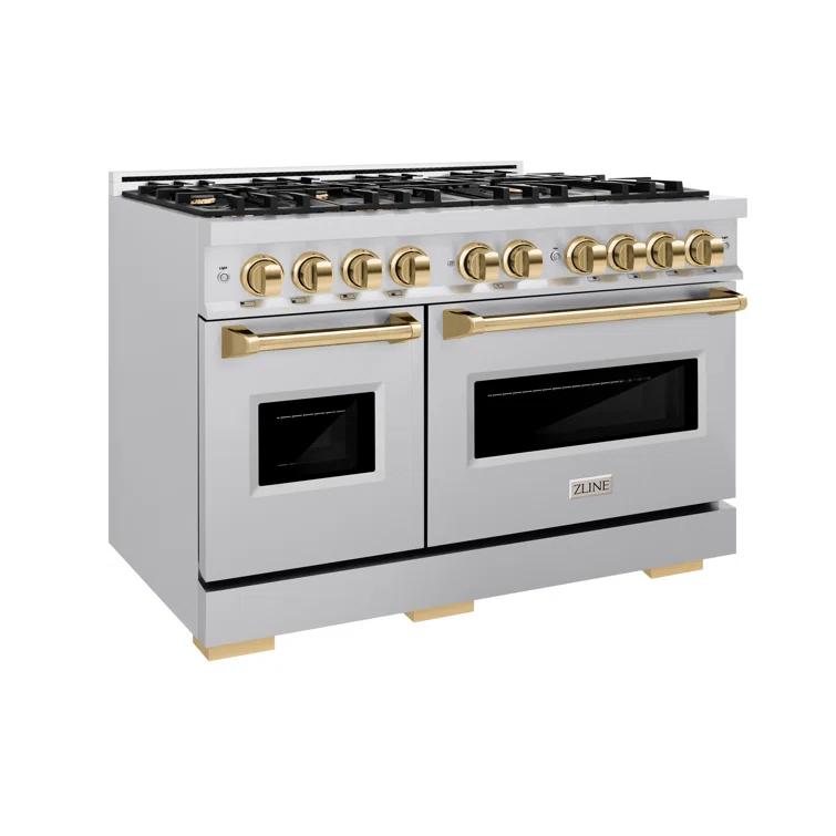 ZLINE ZLINE Autograph Edition 48 in. 6.7 cu. ft. Classic Double Oven Gas Range W/ 8 Burner Cooktop in Stainless Steel & Matte Black Accents (CGRZ-48-MB) CGRZ-48-G