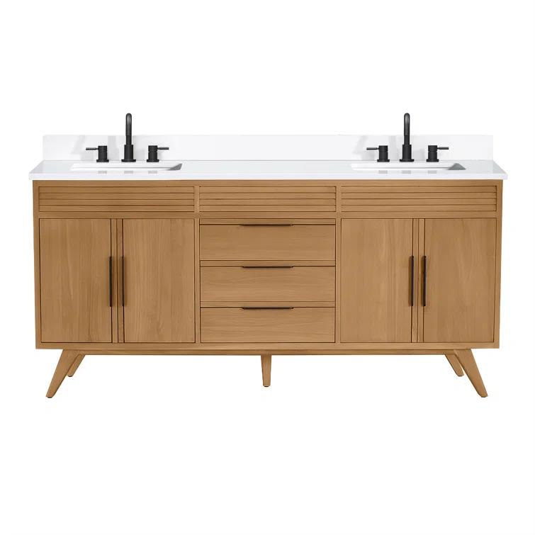Hoult 72 in. Natural Teak Double Bathroom Vanity with Quartz Top