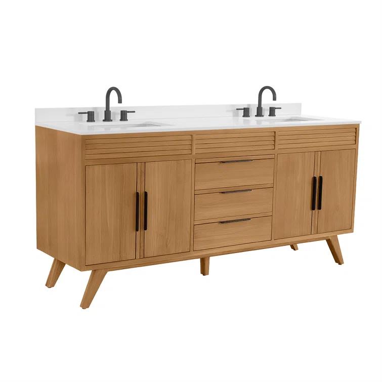 Hoult 72 in. Natural Teak Double Bathroom Vanity with Quartz Top