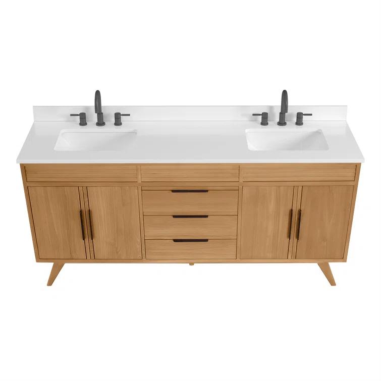 Hoult 72 in. Natural Teak Double Bathroom Vanity with Quartz Top