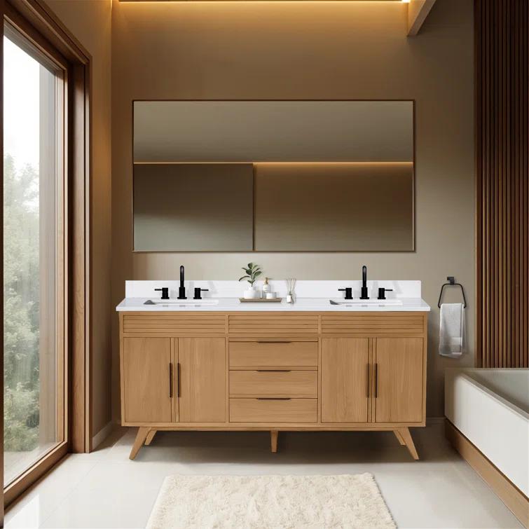 Hoult 72 in. Natural Teak Double Bathroom Vanity with Quartz Top