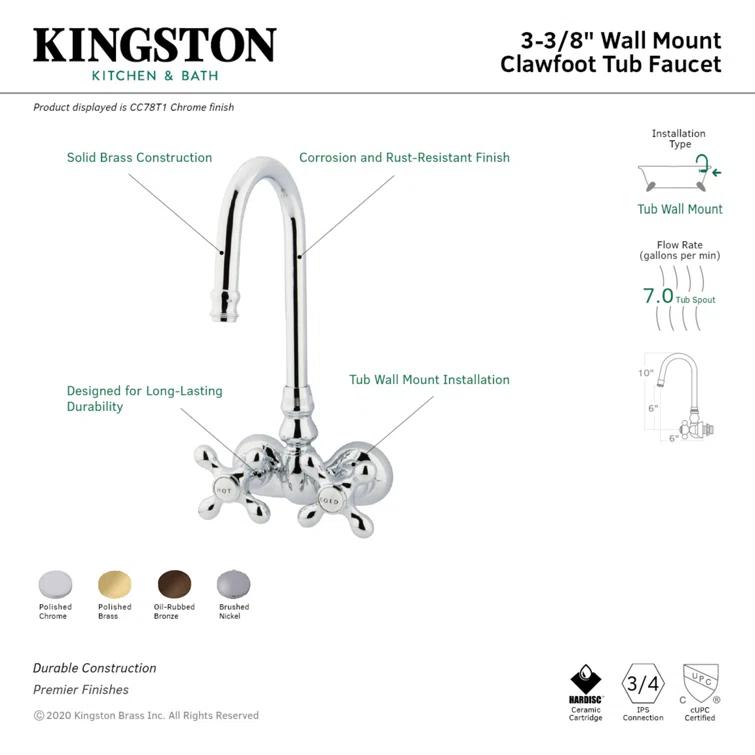 Kingston Brass Vintage Two-Handle 2-Hole Tub Wall Mount Clawfoot Tub Faucet