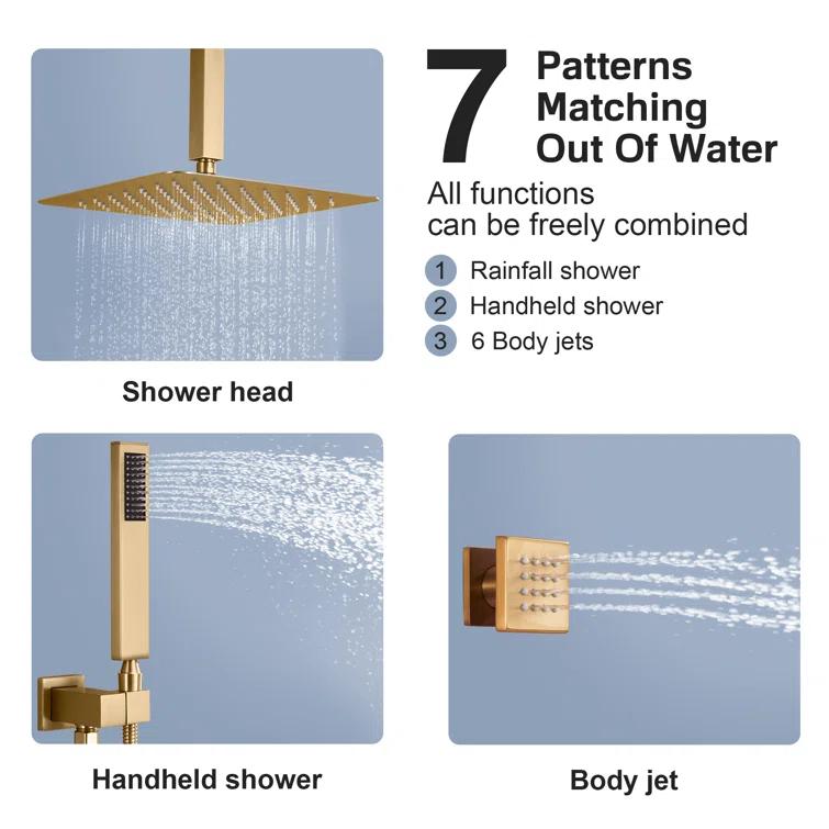 mondawe WF6310-12BG Herathena 3 Functions Ceiling Mounted Luxury Shower System with 6 Body Jets (Rough-in Valve Included)