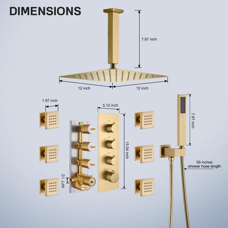 mondawe WF6310-12BG Herathena 3 Functions Ceiling Mounted Luxury Shower System with 6 Body Jets (Rough-in Valve Included)