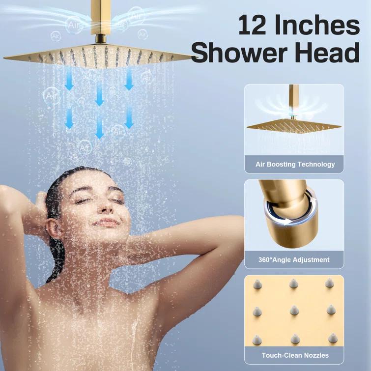 mondawe WF6310-12BG Herathena 3 Functions Ceiling Mounted Luxury Shower System with 6 Body Jets (Rough-in Valve Included)
