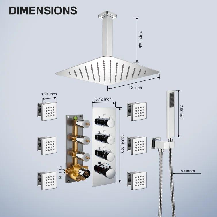 3-Fuction 12" Ceiling-Mount Thermostatic Rainfall Shower System with 6 Body Jets and Rough-in Valve