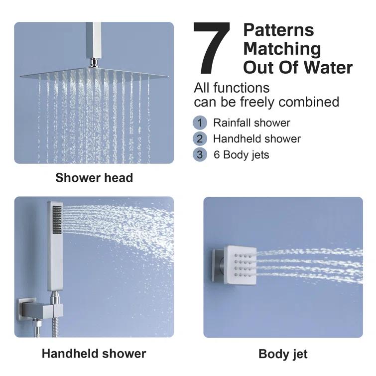 3-Fuction 12" Ceiling-Mount Thermostatic Rainfall Shower System with 6 Body Jets and Rough-in Valve