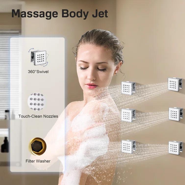 3-Fuction 12" Ceiling-Mount Thermostatic Rainfall Shower System with 6 Body Jets and Rough-in Valve