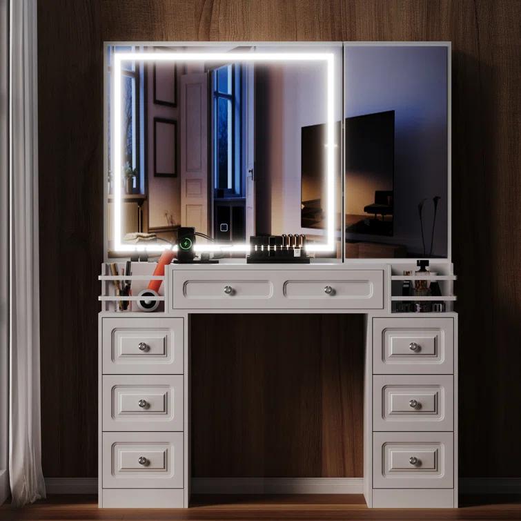 Ivy Bronx Vanity Desk With Mirror And Lights, Makeup Vanity With Charging Station & 7 Drawers, White Vanity With 2 Fences, Dressing Table With Hidden Cabinet, For Women Girls, Brightness Adjustable