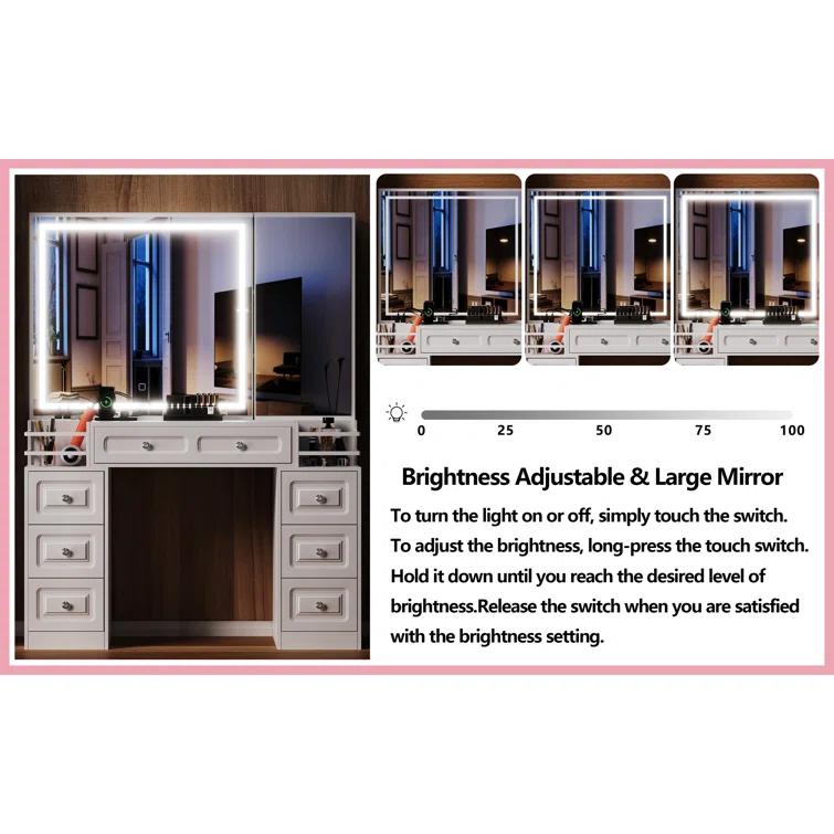 Ivy Bronx Vanity Desk With Mirror And Lights, Makeup Vanity With Charging Station & 7 Drawers, White Vanity With 2 Fences, Dressing Table With Hidden Cabinet, For Women Girls, Brightness Adjustable