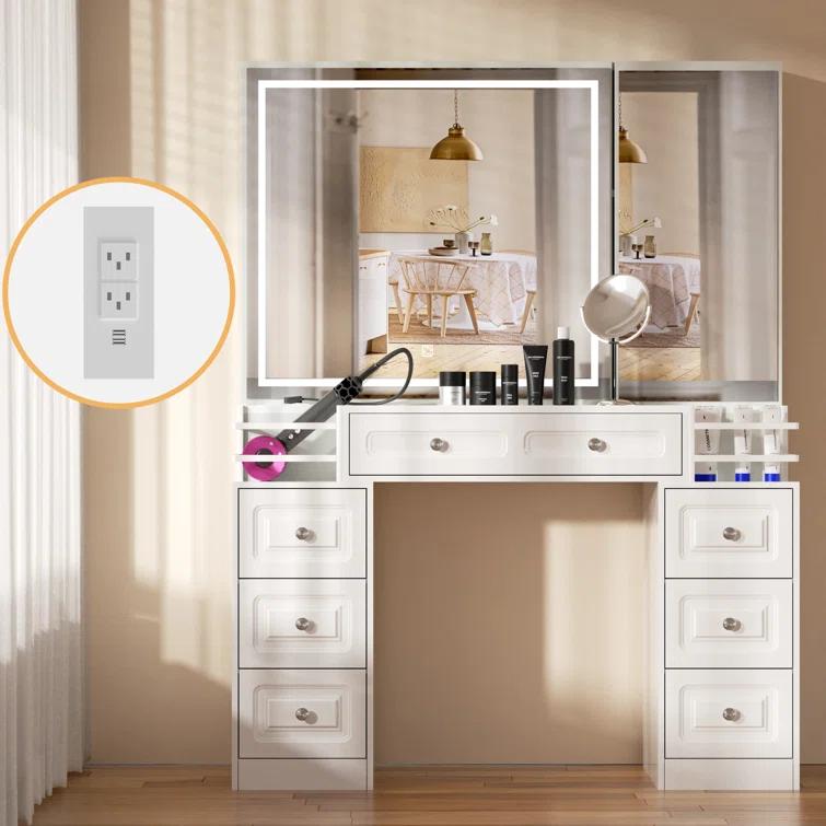 Ivy Bronx Vanity Desk With Mirror And Lights, Makeup Vanity With Charging Station & 7 Drawers, White Vanity With 2 Fences, Dressing Table With Hidden Cabinet, For Women Girls, Brightness Adjustable