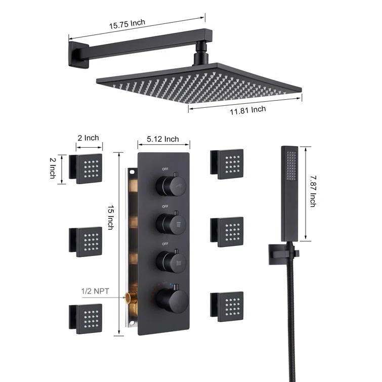 3-Function LED Light Thermostatic Rainfall Shower System with 6 Body Jets and Rough-in Valve