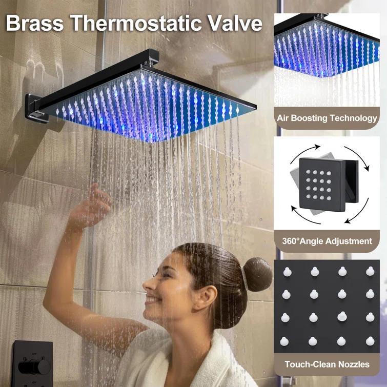 3-Function LED Light Thermostatic Rainfall Shower System with 6 Body Jets and Rough-in Valve
